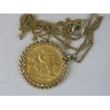 A 22ct gold 1912 half sovereign in 9ct gold necklace mount with chain, 7.