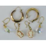 Three pairs of 9ct gold earrings ; on pair of cameo drop earrings,