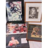 Five boxing prints including a signed and framed publicity print of Marvin Hagler (sight sized 29cm