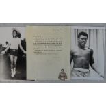 A facsimile of a typed reply to a fan's letter signed in faded pen 'Muhammad Ali' together with two