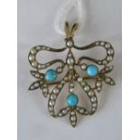 A 9ct gold seed pearl and turquoise pend