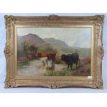 Oil on canvas. Cattle by stream, moorlan
