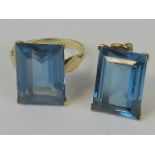 A 9ct gold blue stone ring and pendant set, each stamped 9ct, ring size O,