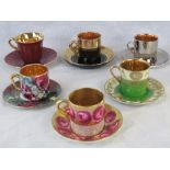 A collection of 6 heavily gilt coffee cans and saucers, including Gibsons,