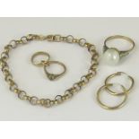 9ct gold and yellow metal items; a 9ct gold faux pearl ring a/f, 2.