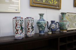 A PAIR OF UNUSUAL ORIENTAL SQUARE FORM VASES WITH DRAGON AND PHOENIX DECORATION TOGETHER WITH AN