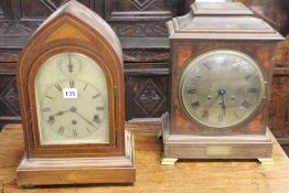 AN EDWARDIAN MAHOGANY AND INLAID BRACKET CLOCK WITH THREE TRAIN CHIMING MOVEMENT TOGETHER WITH A