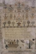 AN EARLY 19TH.C. SAMPLER WITH ORNAMENTAL FLORAL SECTION ABOVE VERSE AND LOWER LANDSCAPE PANEL WITH