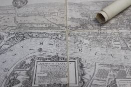 AN ANTIQUE FOLDING MAP OF LONDON KNOWN AS THE AGAS MAP. EIGHT SHEETS LAID ON LINEN BACKING DATED