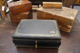 A 19TH.C.MAHOGANY DOCUMENT BOX, A LARGE JEWELLERY CASKET, A MICROSCOPE CASE,ETC