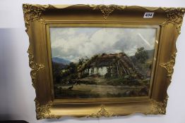 19TH.C.OIL ON BOARD A RURAL COTTAGE INSCRIBED VERSO BRIG O' TURK