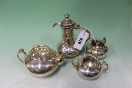 A TURKISH FOUR PIECE TEA SET BEARING IMPORT DUTY MARKS FOR LONDON 1950. 40OZS