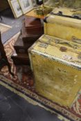 A LARGE COLLECTION OF VELLUM, LEATHER AND OTHER SUITCASES AND TRUNKS