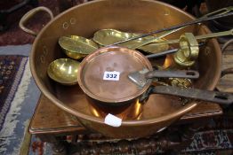 AN UNUSUAL 18TH.C.BRASS LADLE WITH SIFTER TOGETHER WITH FURTHER 19TH.C.COPPER AND BRASSWARE