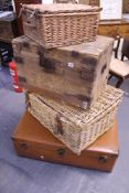 A LARGE WICKER LAUNDRY HAMPER, PINE BOX, A TRAVEL TRUNK,ETC