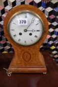 A LATE 19TH.C.SATINWOOD CASED AND INLAID BALLOON FORM MANTLE CLOCK WITH FRENCH STRIKING MOVEMENT