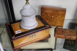 AN EARLY 20TH.C.SATINWOOD AND INLAID CIGAR BOX, TWO BURRWOOD BOXES AND A METAL INKWELL