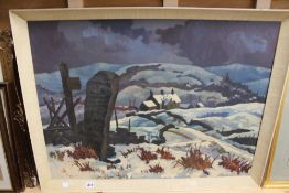 A 20TH.C.OIL ON BOARD SNOWY HILLSIDE FARMHOUSE SIGNED INDISTINCTLY 1965