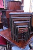 A VICTORIAN MAHOGANY SUTHERLAND TABLE, A PIANO STOOL, A NEST OF TABLES, A SMALL DROP LEAF TABLE, A