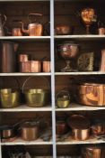 A LARGE COLLECTION OF 19TH.C.AND LATER DOMESTIC COPPER AND BRASSWARE AND A LARGE COLLECTION OF BRASS