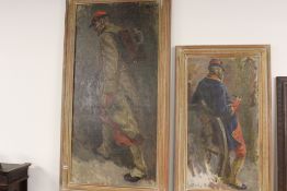 AN EARLY 20TH.C.RUSSIAN SCHOOL OIL ON CANVAS STUDY OF A MILITARY FIGURE IN GREAT COAT AND BACKPACK