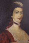 AN 19TH.C.OIL ON CANVAS PORTRAIT OF A LADY WITH JEWELLED CHOKER