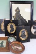 FIVE REGENCY AND LATER SILHOUETTE PORTRAITS, SOME WITH GILT HIGHLIGHTS AND TWO OVAL MINIATURE