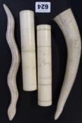 AN EARLY 20TH.C.IVORY SNAKE, TWO IVORY NEEDLE CASES AND A HORN.