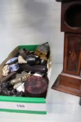 A LARGE COLLECTION OF OBJET TROUVE AND A MAHOGANY WATCH CASE IN THE FORM OF A LONG CASE CLOCK