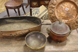 AN ARTS AND CRAFTS COPPER LARGE PLATTER AND THREE OTHER ARTS AND CRAFTS VESSELS