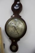 A LARGE LATE GEORGIAN MAHOGANY AND INLAID FIVE DIAL BAROMETER SIGNED L. SEOLA, 9 FEATHER LANE.