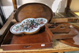 THREE 19TH.C.MAHOGANY TRAYS, A CUTLERY BOX AND A BEADWORK STAND