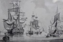 JOHN GREENWOOD (1727-1792) SHIPPING AT ANCHOR, PEN AND INK.