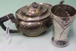 A SILVER TEAPOT, SHEFFIELD 1900, 17OZS ALL IN AND A GERMAN SILVER COLOURED GOBLET SHAPED VASE, 14