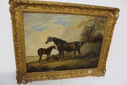 A 19TH.C.ENGLISH SCHOOL OIL ON CANVAS STUDY OF HORSE AND FOAL