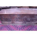 AN EARLY CONTINENTAL CEDAR PLANK CASSON WITH SHALLOW CARVED AND PENWORK DECORATED FRIEZE