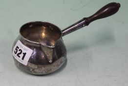 A GEORGE III SILVER BRANDY SAUCEPAN WITH WOODEN HANDLE. LONDON 1732. MAKERS INITIALS W F