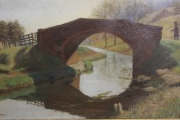 AN OIL ON CANVAS RURAL RIVER BRIDGE WITH MONOGRAMNED J A C M
