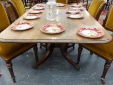 A large late Georgian mahogany breakfast table on turned column and shaped sabre legs with brass