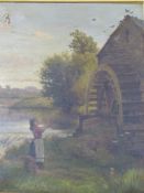 19th.C. English School A Milkmaid by a watermill, signed oil on canvas