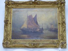 19th.C. Continental School. Shipping Scene, oil on canvas in swept gilt frame