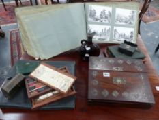 A William Reeves mahogany inlaid artist's box, various desk articles, cases and a Victorian album of