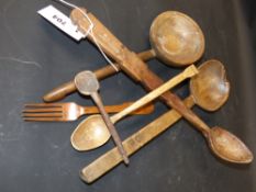 Six treen utensils. Including ladles, spoons etc