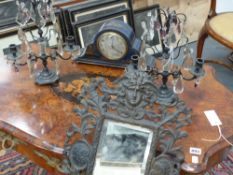 A pair of French table lustres hung with prisms, a Bronze mirror back three light sconce, and a