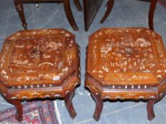 A pair of Chinese carved and inlaid tabourets of octagonal form