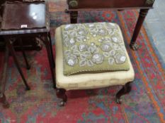 An antique mahogany urn stand together with a Victorian large stool and bead decorated cushion