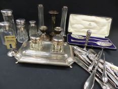 A hallmarked silver two bottle standish,various dresser bottles, cased berry spoons, etc