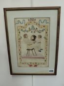 A 18th/19th Century naive watercolour and pin pricked picture of two playful children together