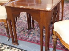 A late 19th.c.mahogany arts and crafts occasional table with shallow tray form top and pierced
