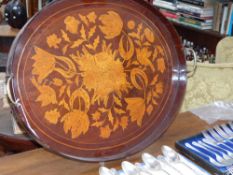 A 19th Century Mahogany and marquetry inlaid oval gallery drinks tray